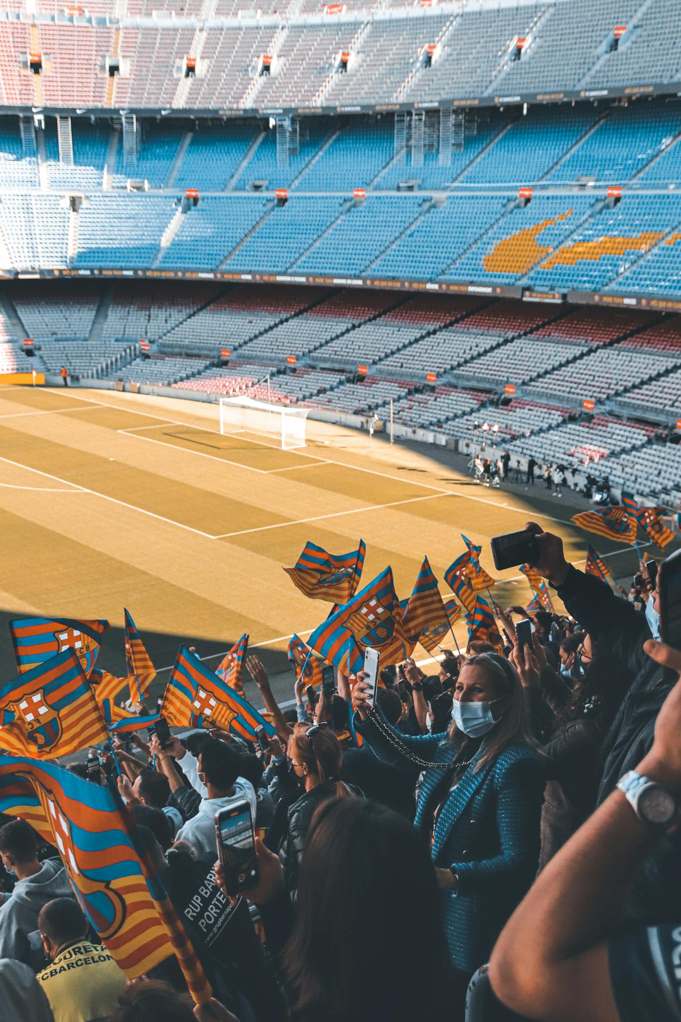 Cheering crowd at a football match with vivid team flags in a large stadium.